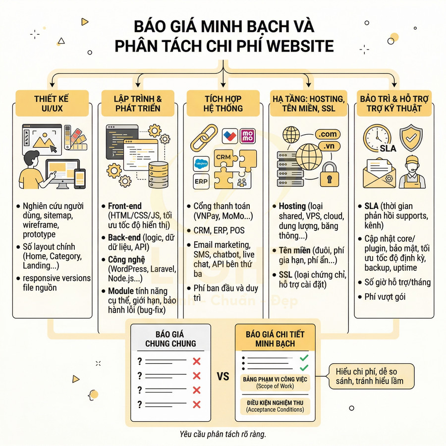 Infographic báo giá minh bạch và phân tách chi phí thiết kế, lập trình, hosting, bảo trì website