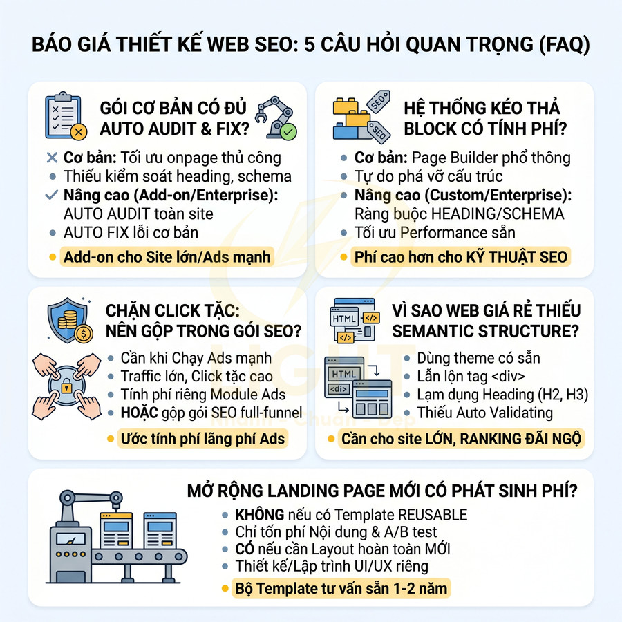 Infographic giải thích 5 câu hỏi thường gặp về báo giá thiết kế web chuẩn SEO và các gói dịch vụ liên quan