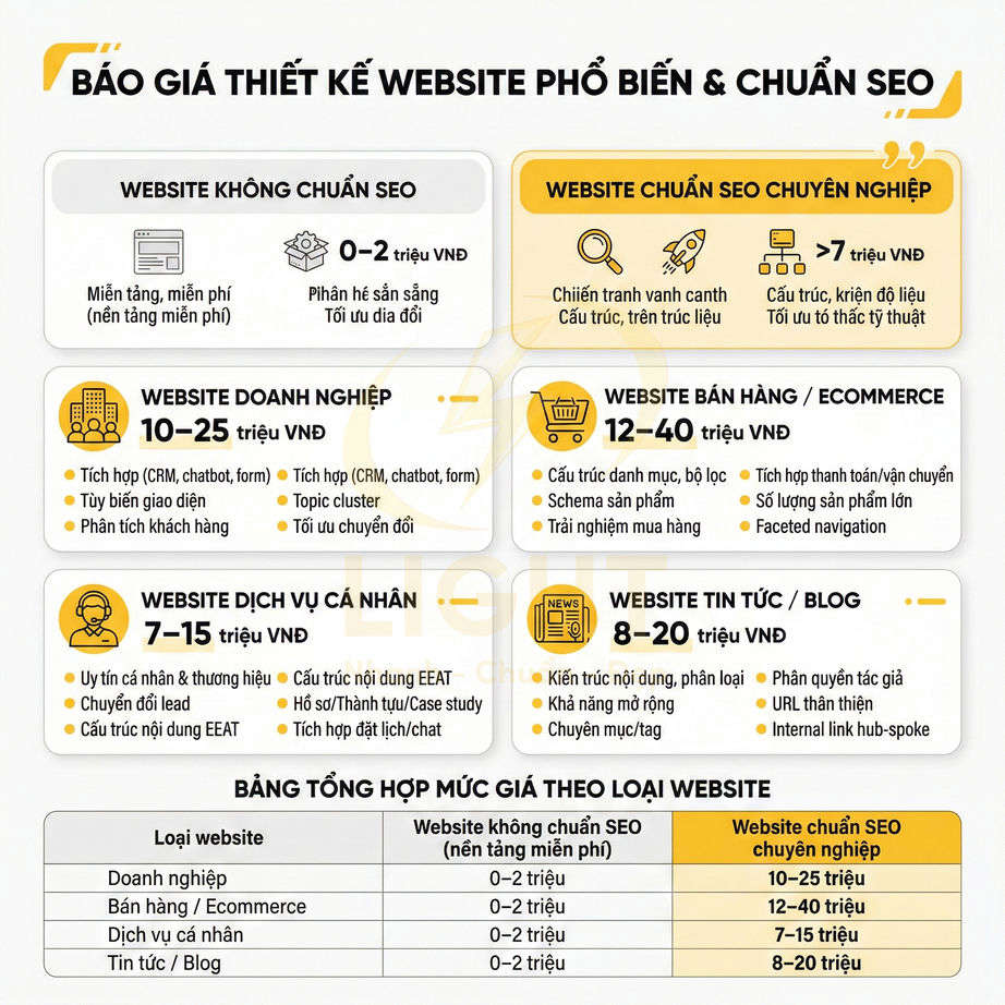 Bảng báo giá thiết kế website chuẩn SEO với các gói doanh nghiệp, bán hàng, dịch vụ cá nhân và tin tức blog