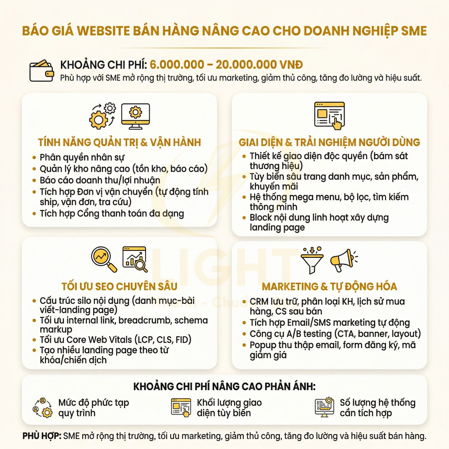Báo giá gói thiết kế website bán hàng nâng cao cho doanh nghiệp SME với các tính năng quản trị, SEO và marketing