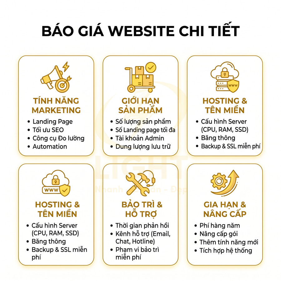 Bảng báo giá dịch vụ thiết kế website chi tiết với các mục tính năng marketing, hosting, bảo trì và gia hạn nâng cấp