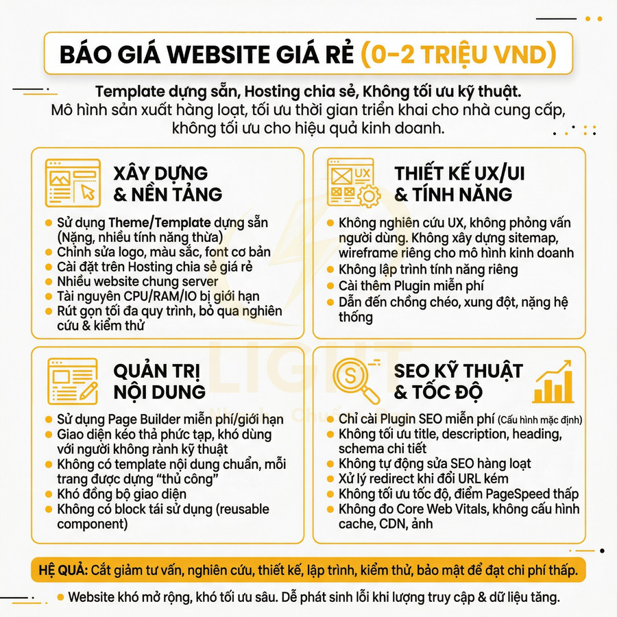 Bảng mô tả gói dịch vụ thiết kế website giá rẻ 0 đến 2 triệu với xây dựng nền tảng, nội dung và SEO