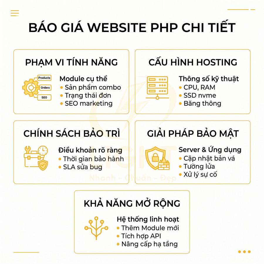 Bảng giới thiệu gói dịch vụ thiết kế website PHP chi tiết với tính năng, hosting, bảo trì, bảo mật và khả năng mở rộng