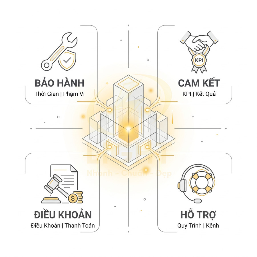 Mô hình dịch vụ với các chính sách bảo hành, cam kết KPI, điều khoản thanh toán và hỗ trợ khách hàng
