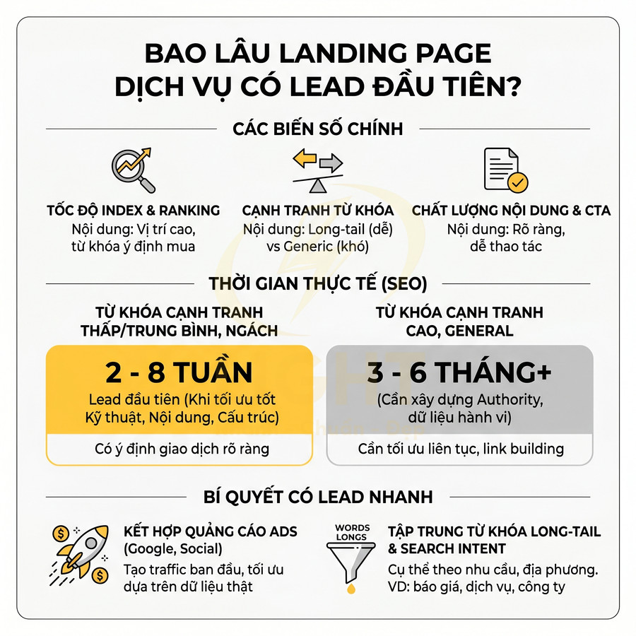 Infographic thời gian landing page dịch vụ có lead đầu tiên và bí quyết tối ưu SEO, quảng cáo, từ khóa long tail