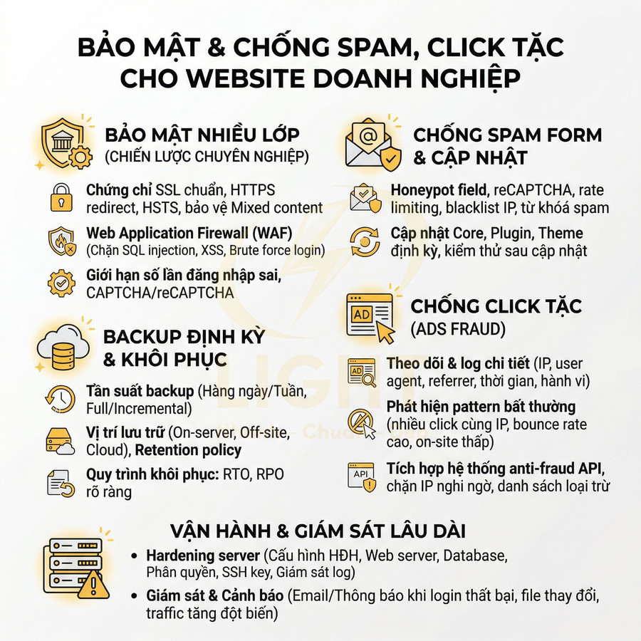 Giải pháp bảo mật, chống spam và click tặc cho website doanh nghiệp với backup định kỳ và giám sát lâu dài