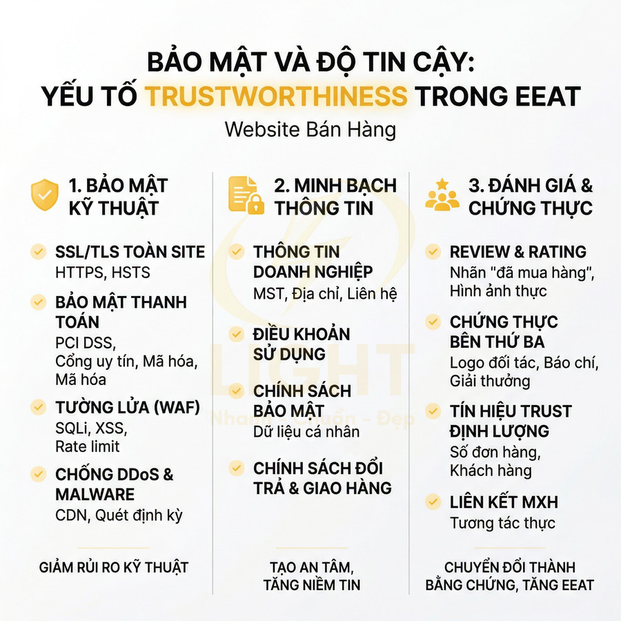 Infographic các yếu tố bảo mật và độ tin cậy trustworthiness trong EEAT cho website bán hàng