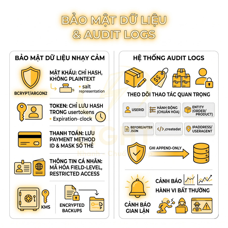 Infographic bảo mật dữ liệu nhạy cảm và hệ thống audit logs với mã hóa, hash mật khẩu, token, cảnh báo gian lận