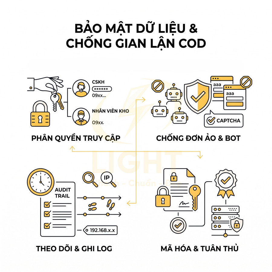 Giải pháp bảo mật dữ liệu và chống gian lận COD với phân quyền truy cập, chống bot, theo dõi log, mã hóa và tuân thủ