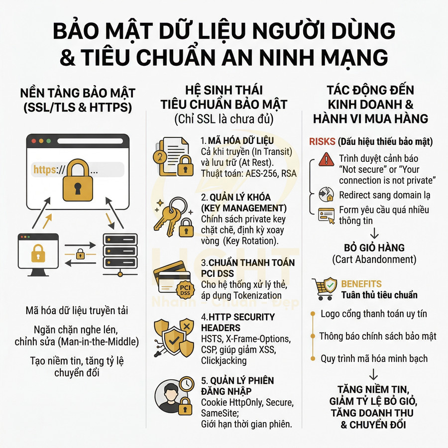 Infographic bảo mật dữ liệu người dùng, tiêu chuẩn an ninh mạng, SSL HTTPS và tác động đến kinh doanh