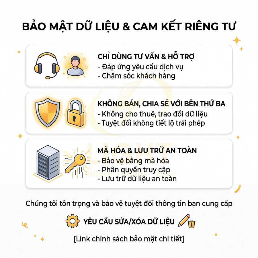 Chính sách bảo mật dữ liệu và cam kết riêng tư, chỉ dùng tư vấn hỗ trợ, không chia sẻ bên thứ ba, mã hóa lưu trữ an toàn