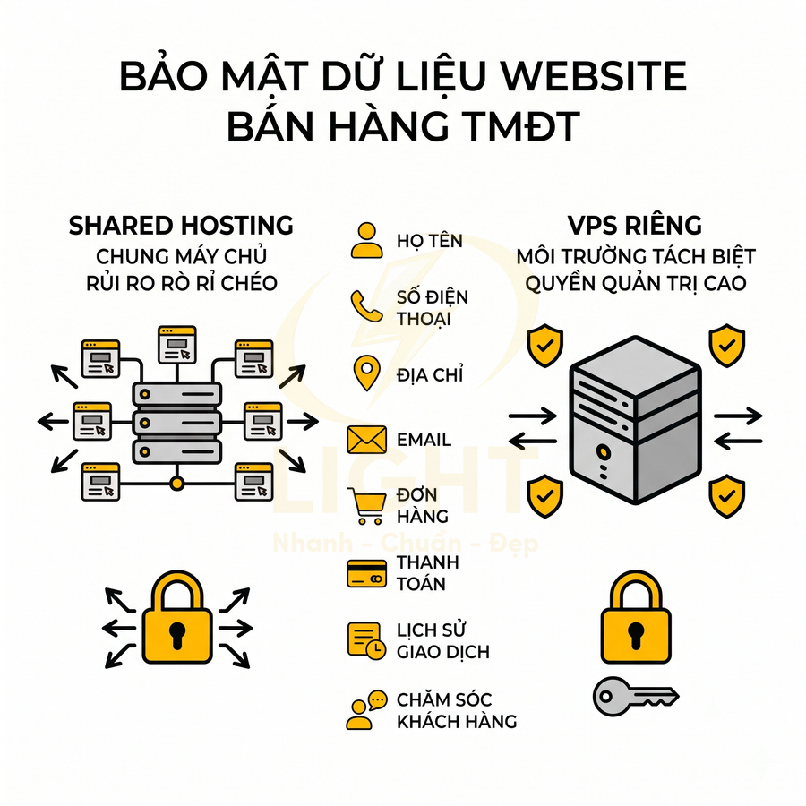 So sánh bảo mật dữ liệu website bán hàng TMĐT giữa shared hosting rủi ro cao và VPS riêng an toàn