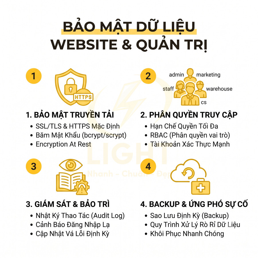 Infographic bảo mật dữ liệu website với HTTPS, phân quyền truy cập, giám sát bảo trì và backup ứng phó sự cố