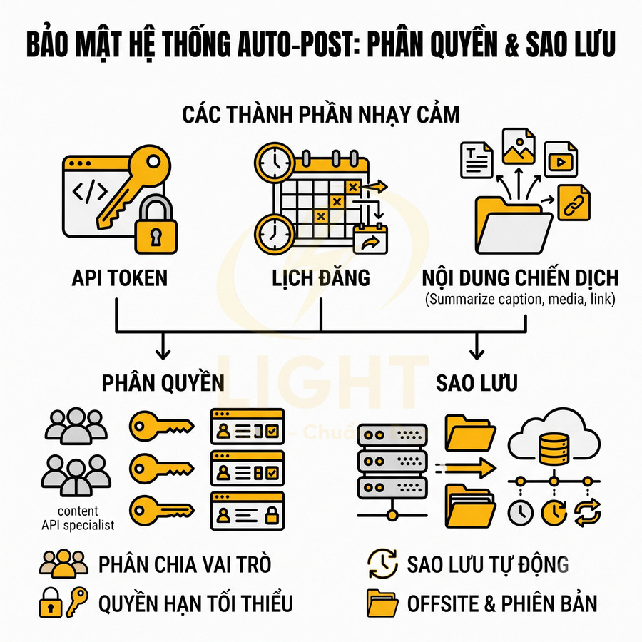 Infographic bảo mật hệ thống auto post với phân quyền API token, lịch đăng, nội dung chiến dịch và sao lưu dữ liệu