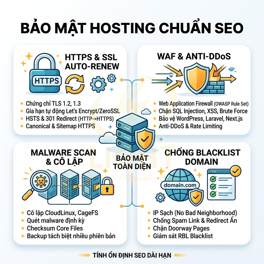 Infographic các tính năng bảo mật hosting chuẩn SEO như HTTPS SSL, WAF chống DDoS, quét malware và chống blacklist domain