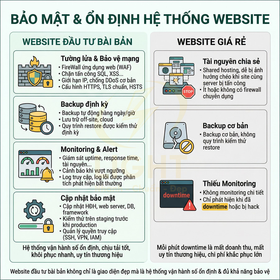 So sánh bảo mật và ổn định hệ thống giữa website đầu tư bài bản và website giá rẻ