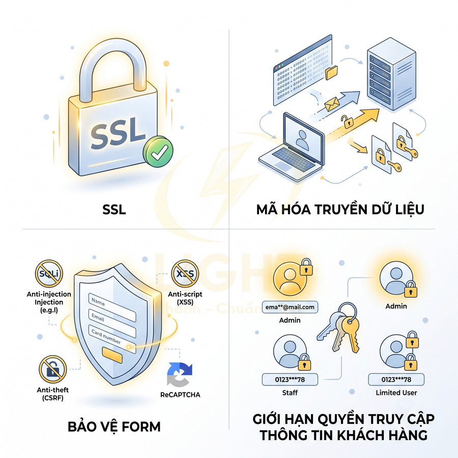 Minh họa các giải pháp bảo mật website gồm SSL, mã hóa dữ liệu, bảo vệ form và giới hạn quyền truy cập khách hàng