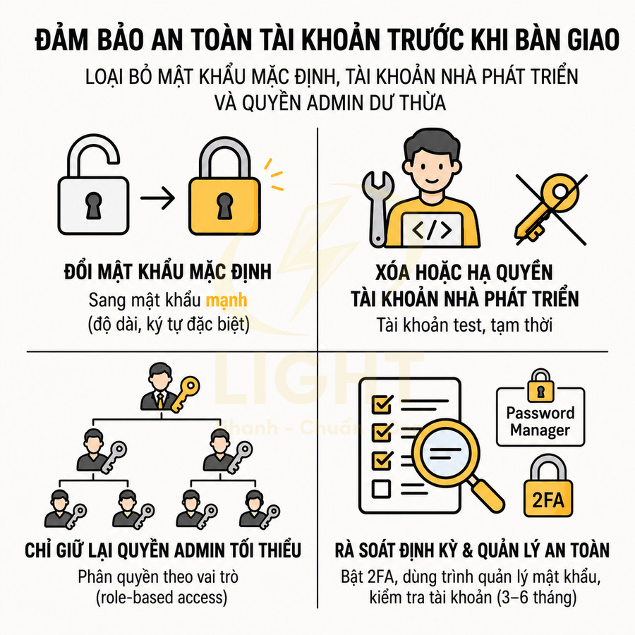 Hướng dẫn bảo mật tài khoản trước khi bàn giao với đổi mật khẩu, xóa tài khoản dev, giới hạn admin và bật 2FA