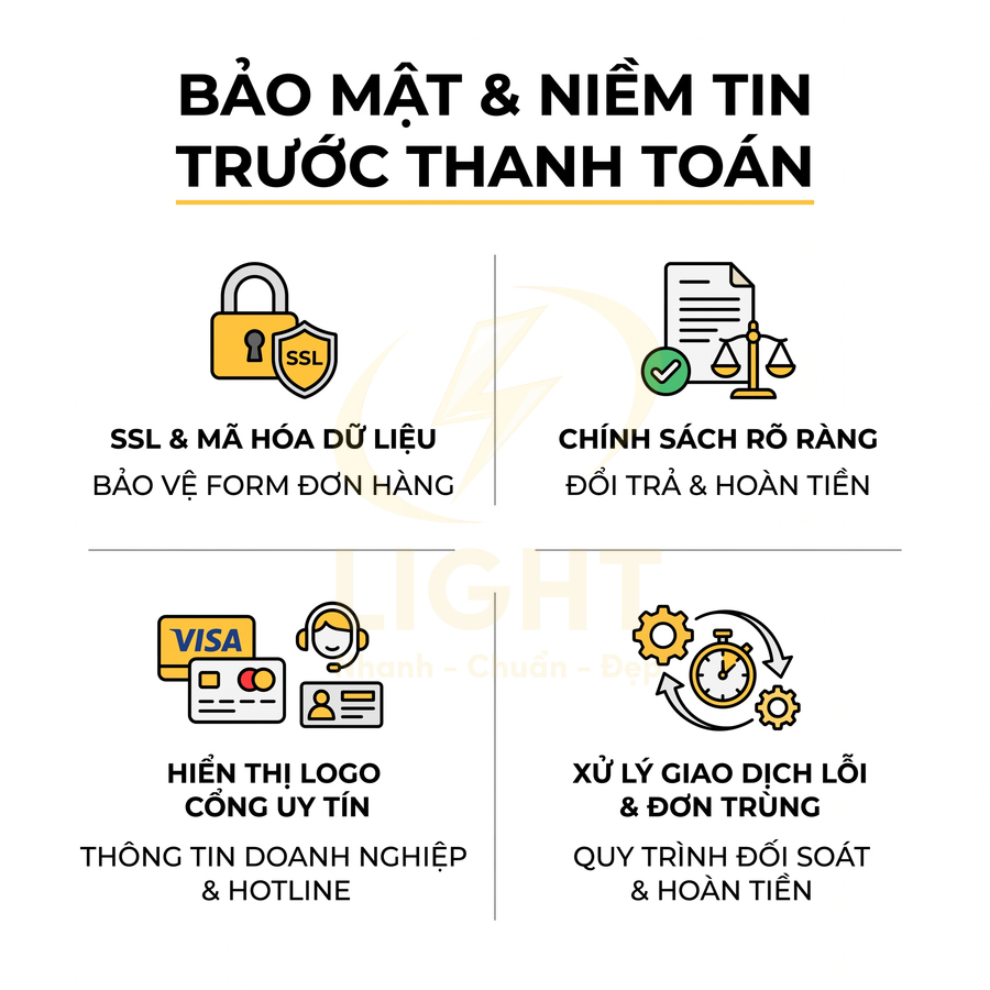 Hình minh họa các cam kết bảo mật thanh toán online: SSL, chính sách hoàn tiền, logo cổng uy tín và xử lý giao dịch lỗi