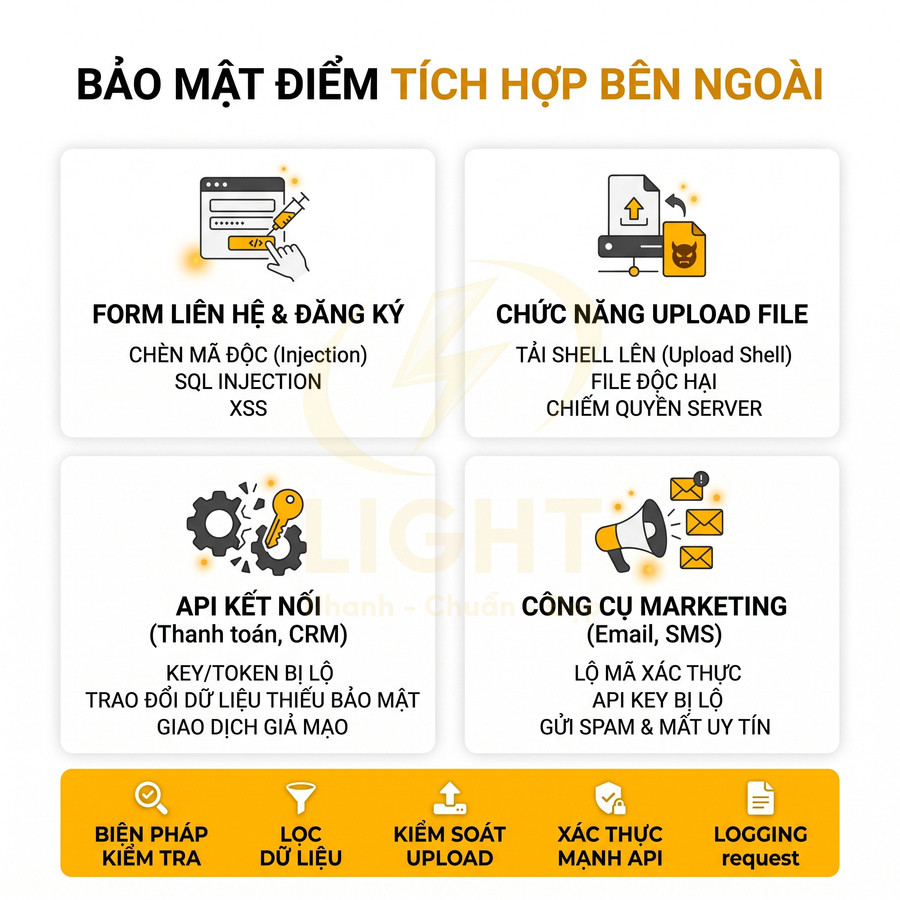 Infographic bảo mật điểm tích hợp bên ngoài với form liên hệ, upload file, API kết nối và công cụ marketing