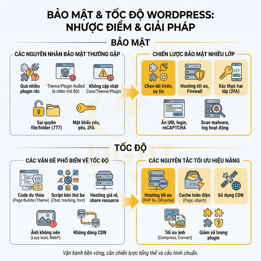 Infographic bảo mật và tốc độ WordPress, liệt kê nguyên nhân, nhược điểm và giải pháp tối ưu website