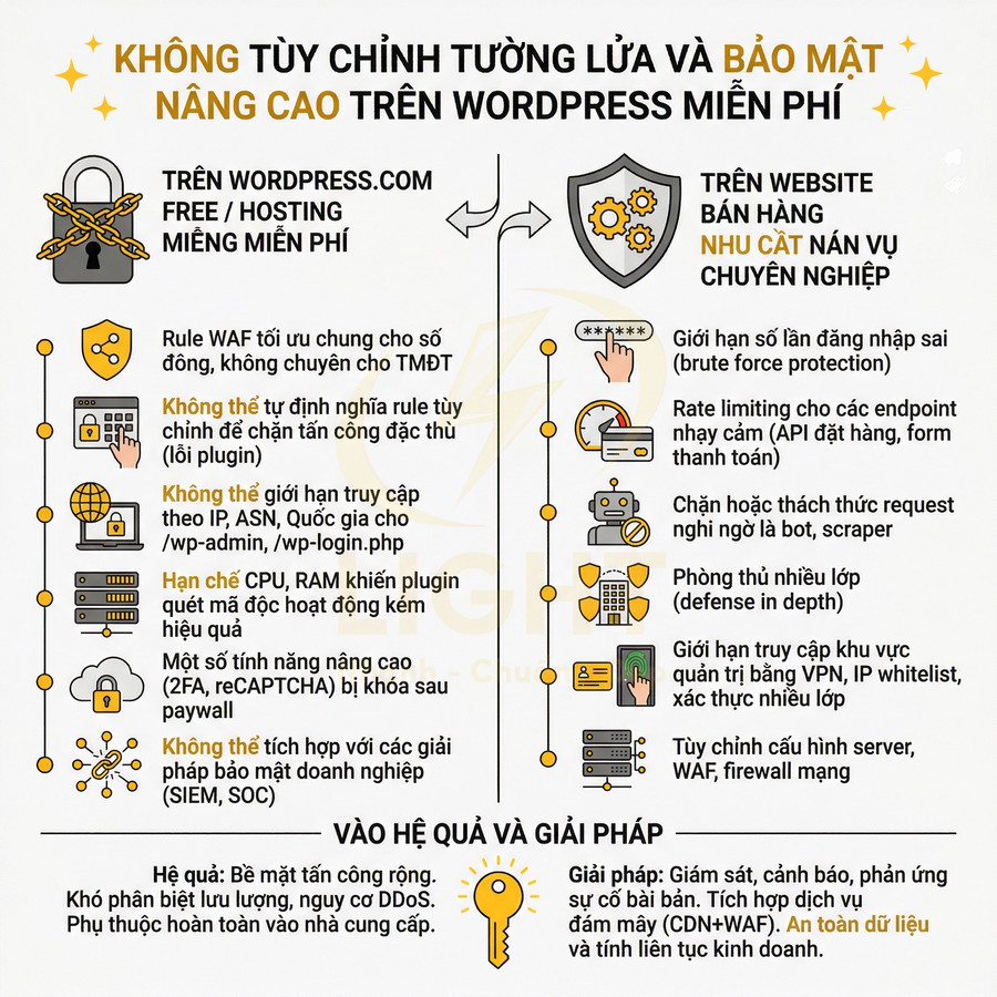So sánh bảo mật tường lửa WordPress miễn phí và giải pháp bảo mật nâng cao cho website bán hàng chuyên nghiệp