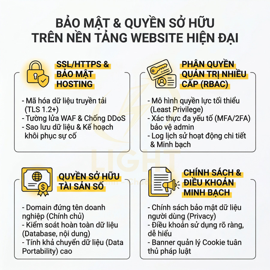 Infographic các giải pháp bảo mật website gồm SSL HTTPS hosting, phân quyền quản trị, quyền sở hữu domain và chính sách bảo mật