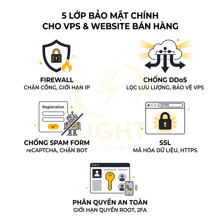 5 lớp bảo mật chính cho VPS và website bán hàng gồm firewall, chống DDoS, chống spam form, SSL và phân quyền an toàn