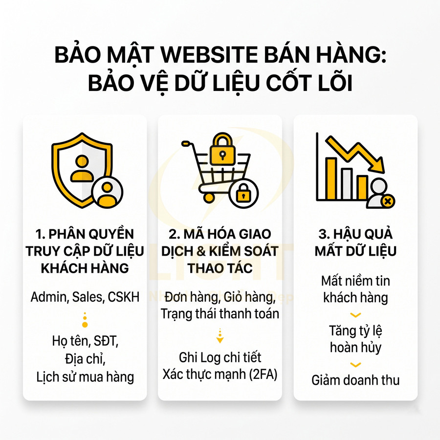 Infographic bảo mật website bán hàng với phân quyền dữ liệu khách hàng, mã hóa giao dịch và hậu quả mất dữ liệu