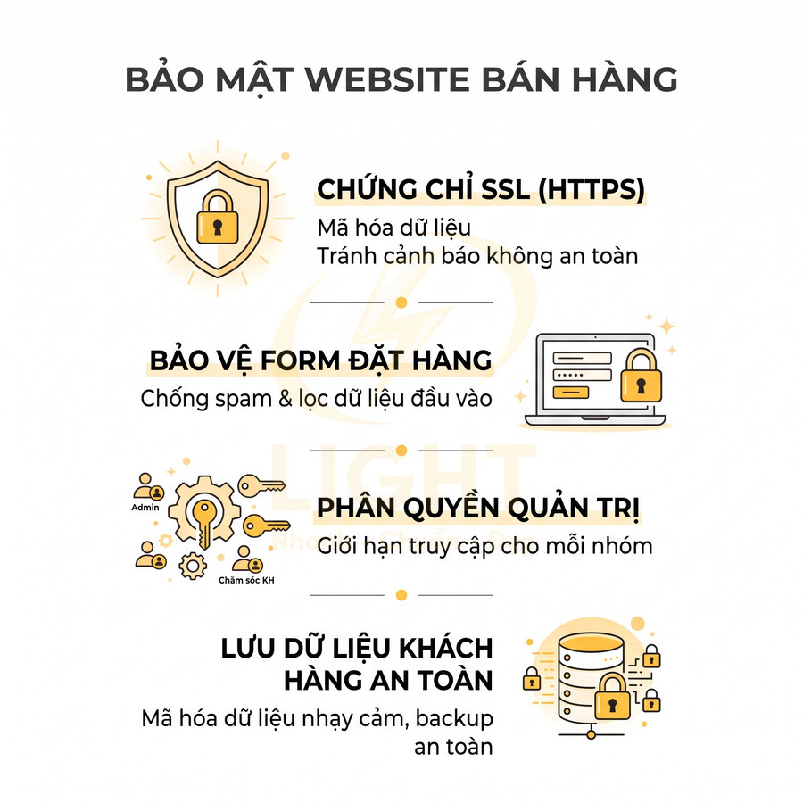 Các giải pháp bảo mật website bán hàng gồm SSL, bảo vệ form đặt hàng, phân quyền quản trị và lưu dữ liệu khách hàng an toàn