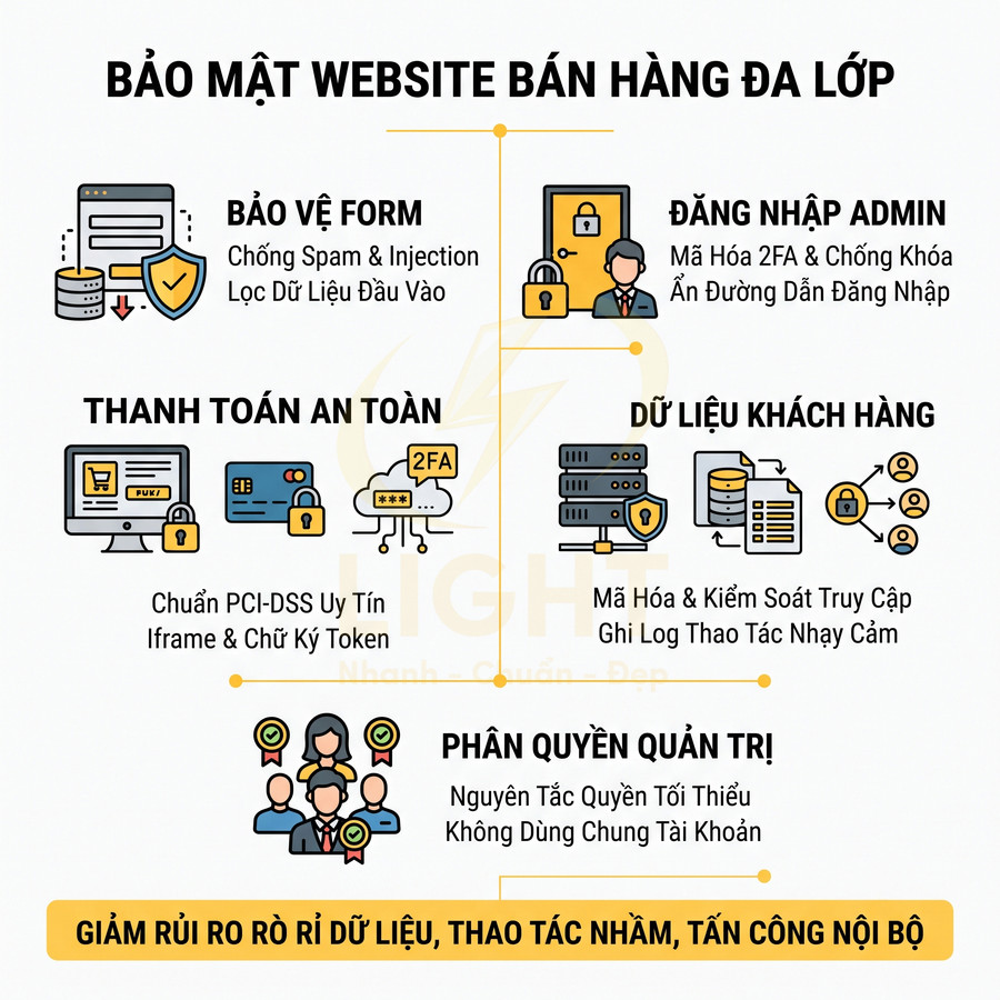 Giải pháp bảo mật website bán hàng đa lớp với bảo vệ form, thanh toán an toàn, dữ liệu khách hàng và phân quyền quản trị