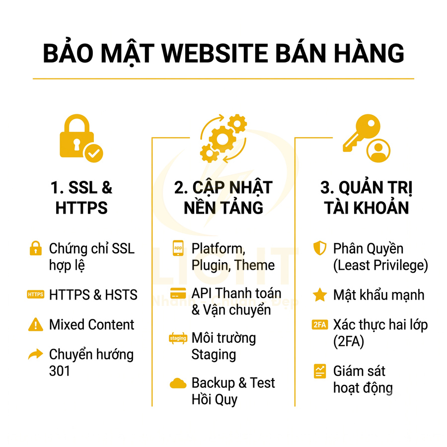 Các bước bảo mật website bán hàng với SSL HTTPS cập nhật nền tảng và quản trị tài khoản an toàn