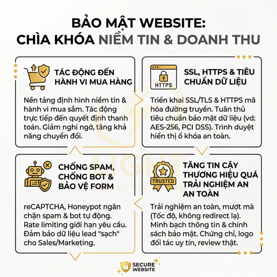 Infographic lợi ích bảo mật website: tăng niềm tin, doanh thu, chống spam, bảo vệ form và nâng cao trải nghiệm an toàn