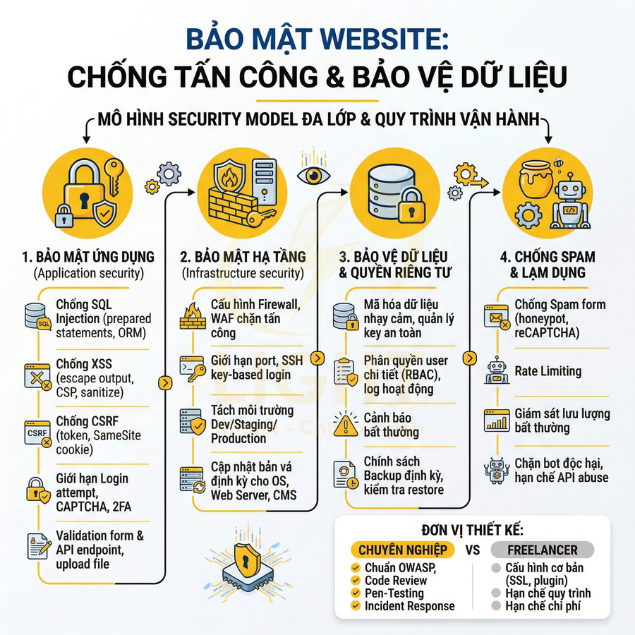 Infographic bảo mật website với mô hình security đa lớp chống tấn công, bảo vệ dữ liệu và chống spam lạm dụng