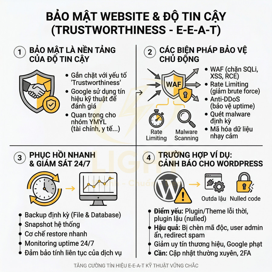 Infographic bảo mật website và độ tin cậy E-E-A-T, giải pháp bảo vệ chủ động và cảnh báo bảo mật cho WordPress