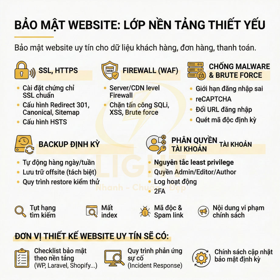 Infographic các giải pháp bảo mật website gồm SSL HTTPS, firewall, chống malware, backup định kỳ và phân quyền tài khoản