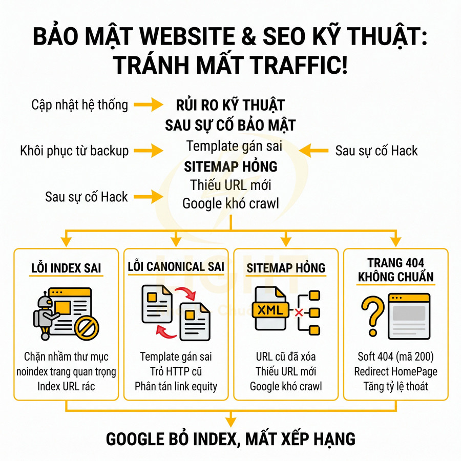 Infographic bảo mật website và SEO kỹ thuật, liệt kê lỗi index, canonical, sitemap hỏng và trang 404 gây mất traffic