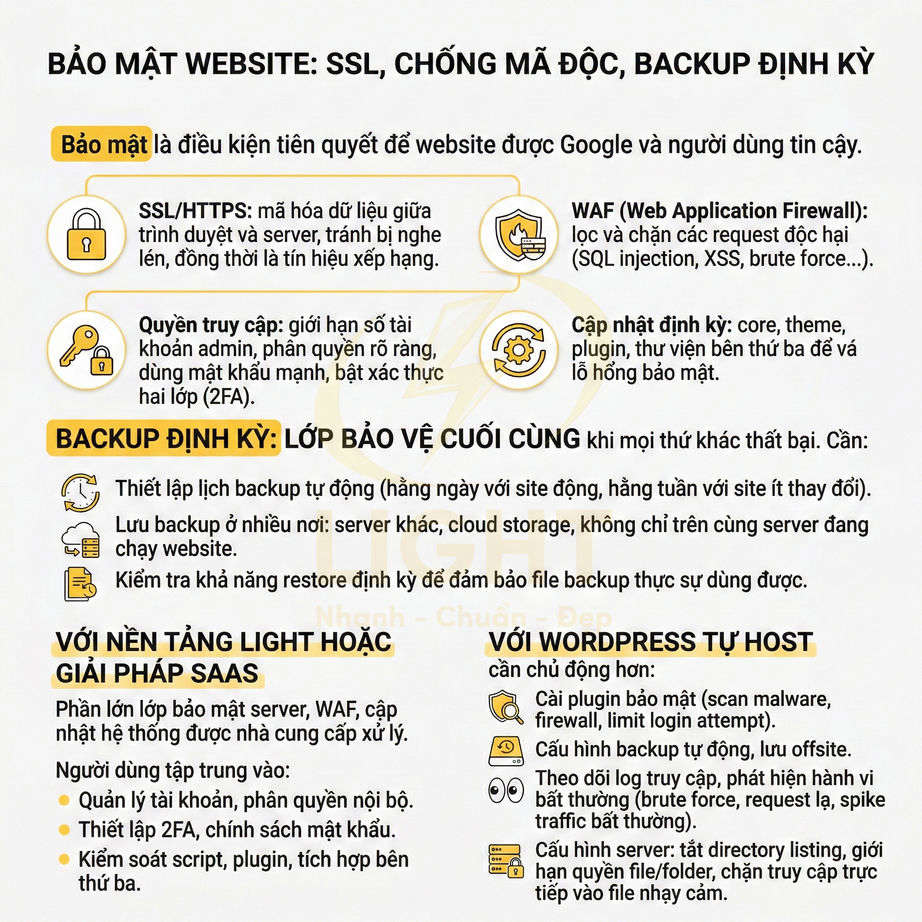 Infographic hướng dẫn bảo mật website với SSL, chống mã độc, tường lửa WAF và backup dữ liệu định kỳ