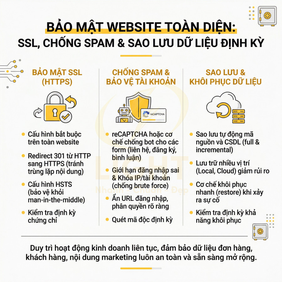 Infographic hướng dẫn bảo mật website toàn diện với SSL chống spam bảo vệ tài khoản và sao lưu khôi phục dữ liệu định kỳ