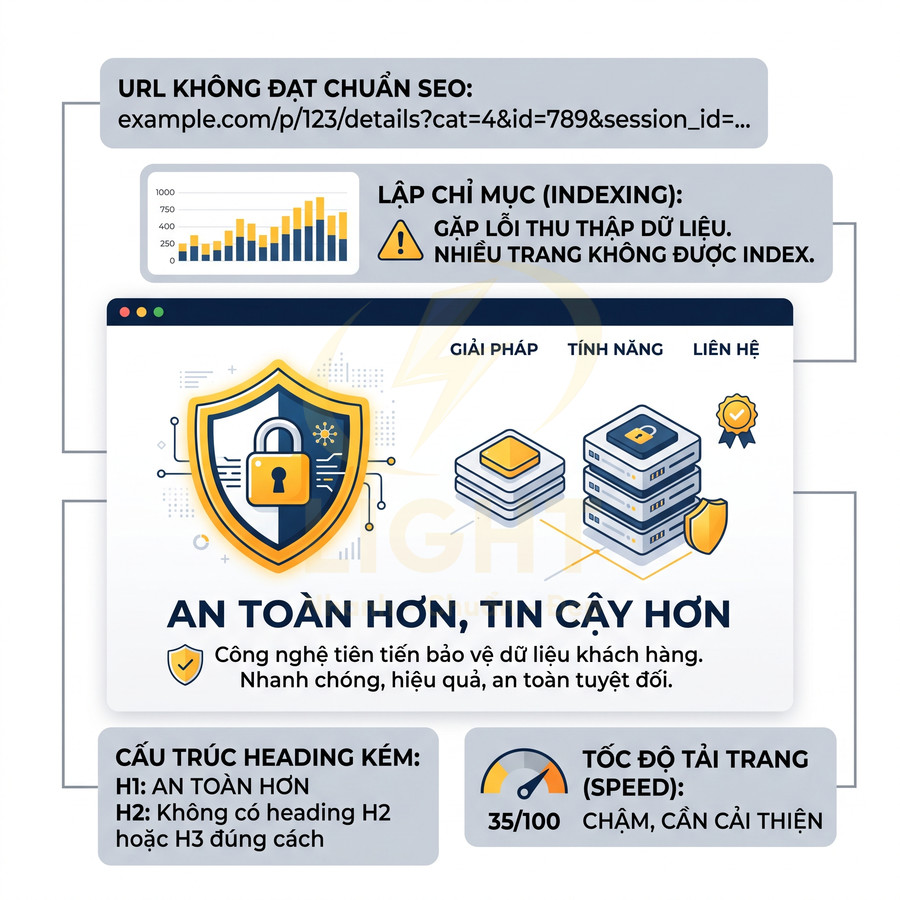 Minh họa giao diện website dịch vụ bảo mật dữ liệu với biểu tượng khiên khóa và các cảnh báo lỗi SEO