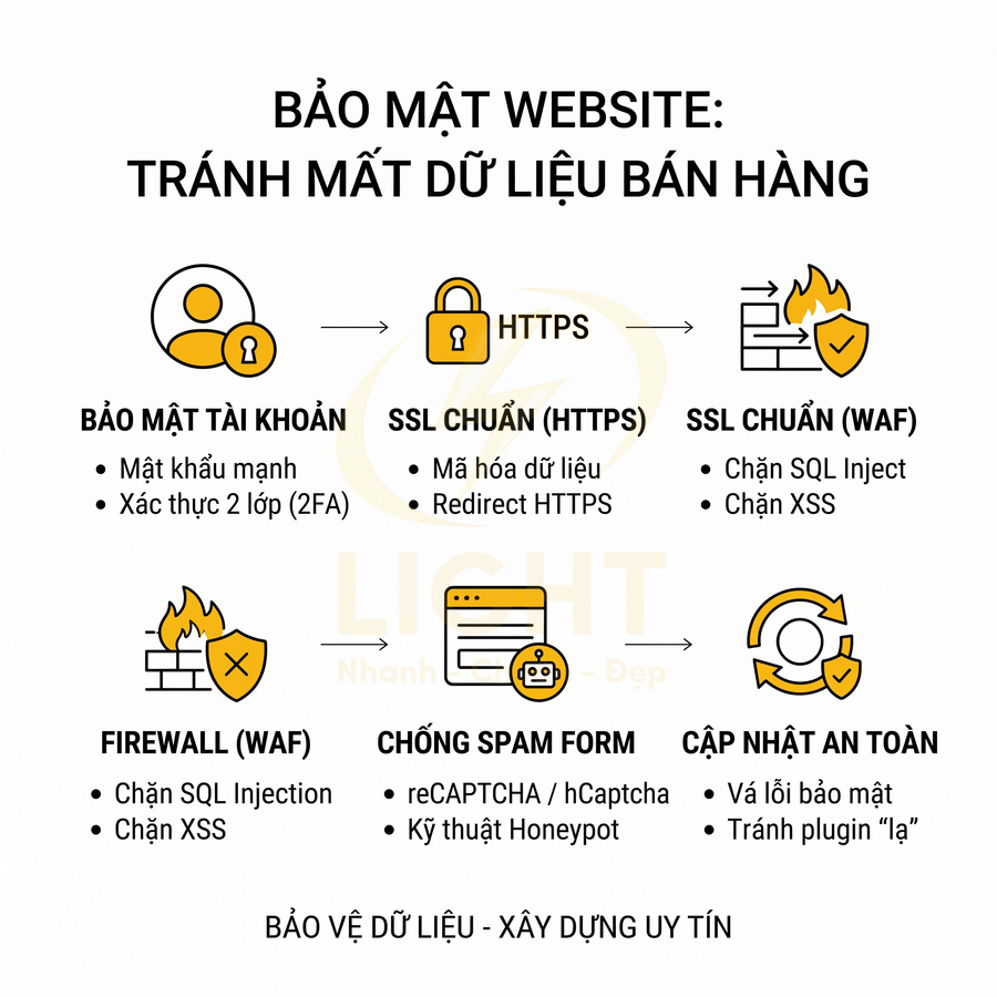 Hướng dẫn bảo mật website tránh mất dữ liệu bán hàng với SSL, firewall, chống spam và cập nhật an toàn