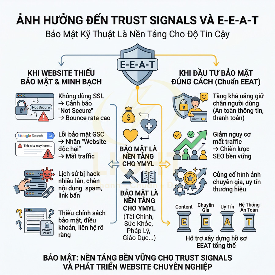 Infographic về ảnh hưởng của bảo mật website đến trust signals và E-E-A-T trong SEO