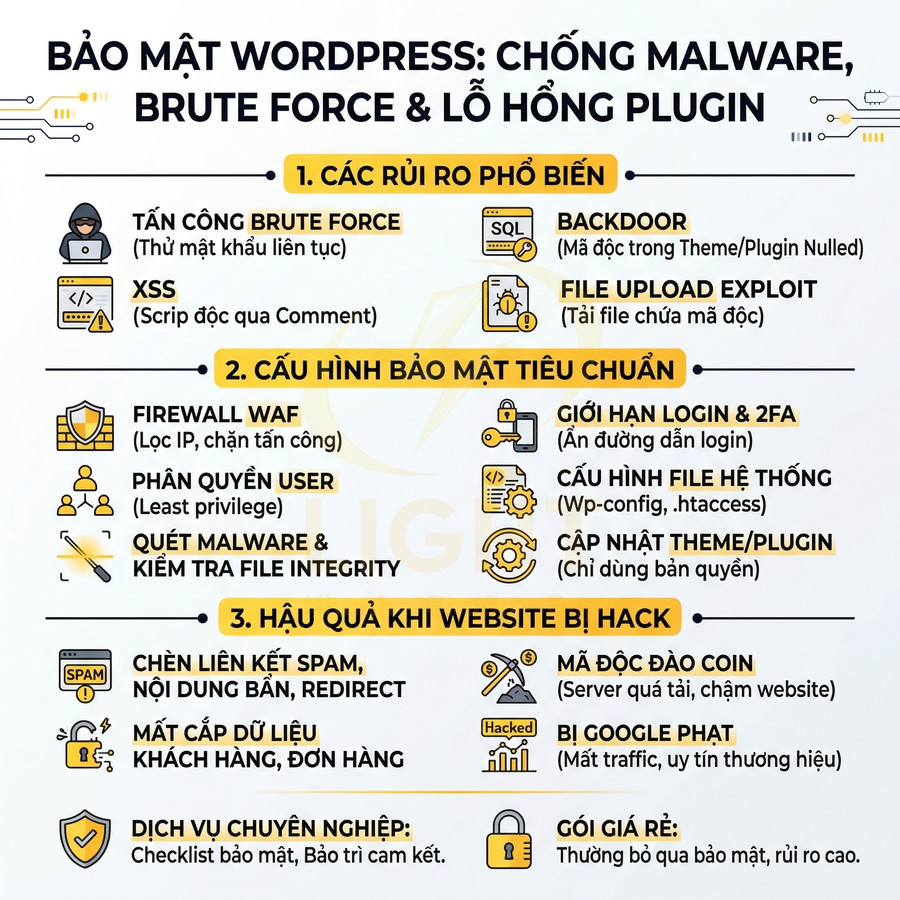Hướng dẫn bảo mật WordPress chống malware, brute force, lỗ hổng plugin và hậu quả khi website bị hack