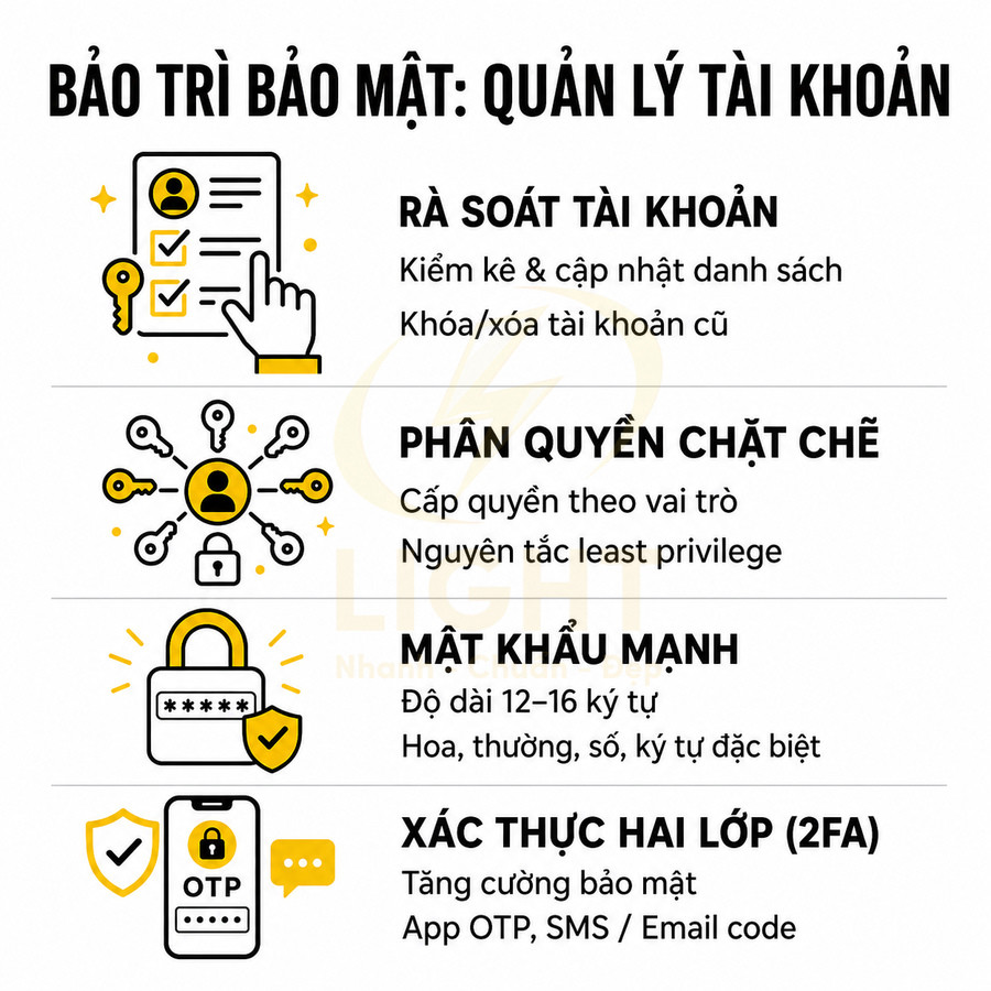 Infographic hướng dẫn bảo trì bảo mật tài khoản với rà soát, phân quyền, mật khẩu mạnh và xác thực hai lớp