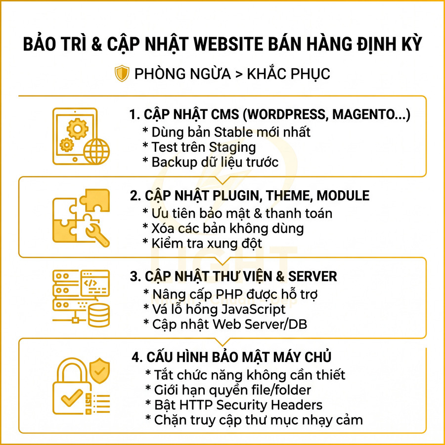 Checklist bảo trì và cập nhật định kỳ website bán hàng với các bước nâng cấp CMS, plugin, server và bảo mật máy chủ