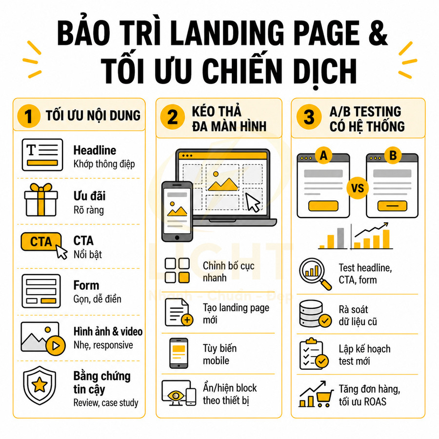 Infographic hướng dẫn bảo trì landing page và tối ưu chiến dịch với tối ưu nội dung, kéo thả đa màn hình, A/B testing
