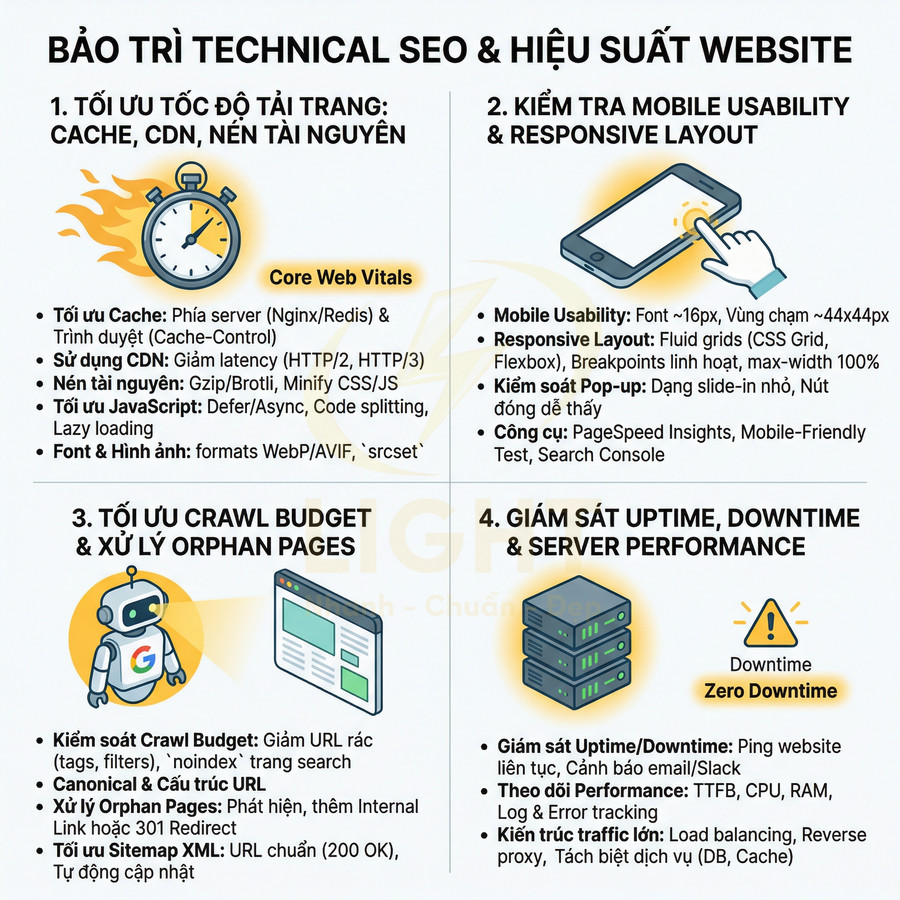 Checklist bảo trì technical SEO và hiệu suất website với 4 nhóm tối ưu tốc độ, mobile, crawl budget và giám sát server