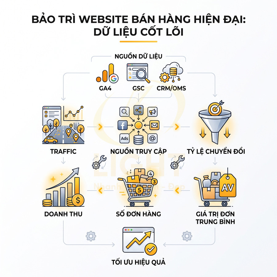 Mô hình dữ liệu cốt lõi bảo trì website bán hàng hiện đại với các bước từ traffic đến tối ưu hiệu quả