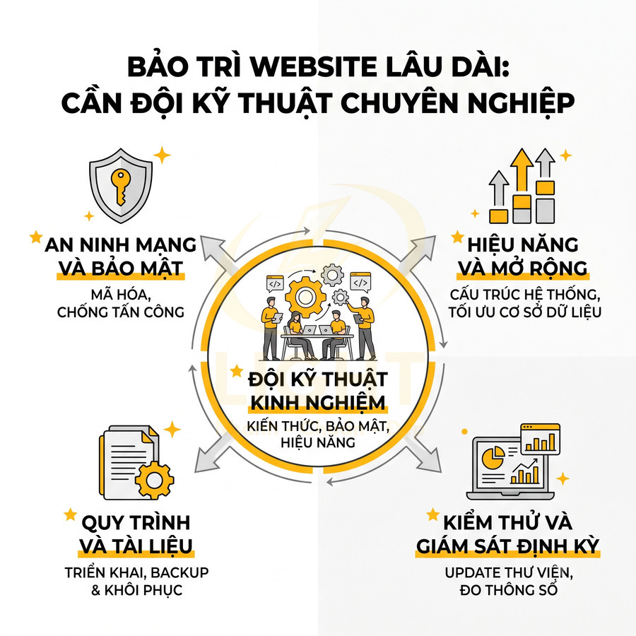 Infographic bảo trì website lâu dài với đội kỹ thuật chuyên nghiệp, nhấn mạnh bảo mật, hiệu năng, quy trình và kiểm thử định kỳ