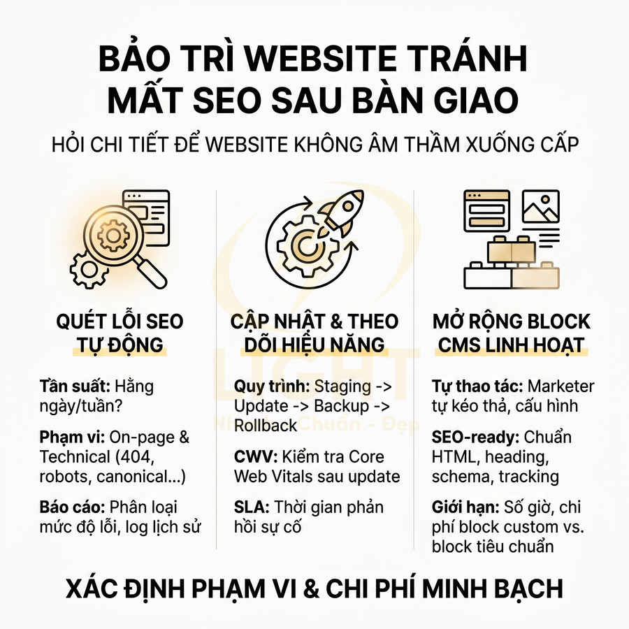 Dịch vụ bảo trì website tránh mất SEO với quét lỗi tự động, cập nhật hiệu năng và mở rộng block CMS linh hoạt